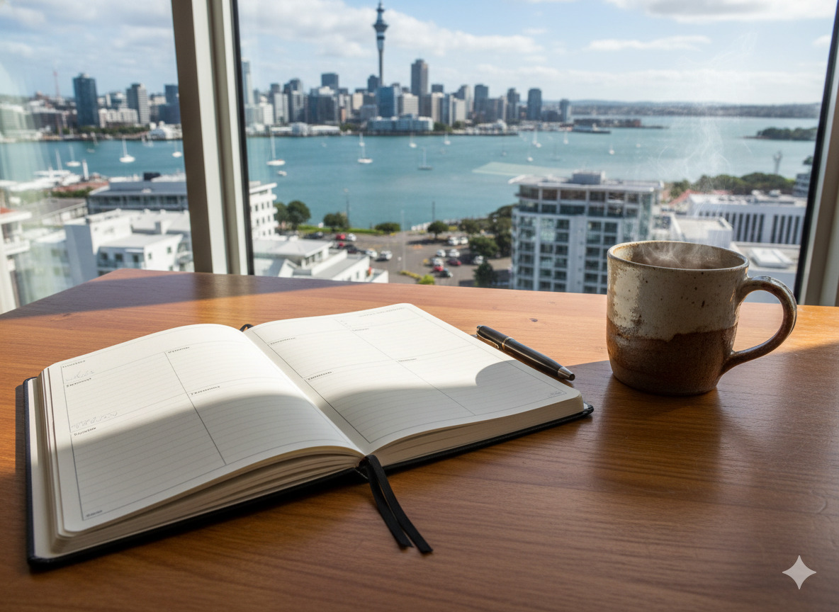 Open daily planner on a desk with a cup of tea in Auckland, New Zealand